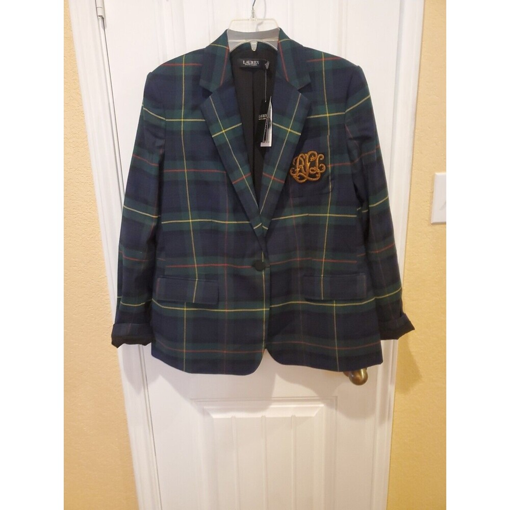 Lauren Ralph Lauren Navy Green Plaid Blazer with Gold Monogram - Picture 5 of 15